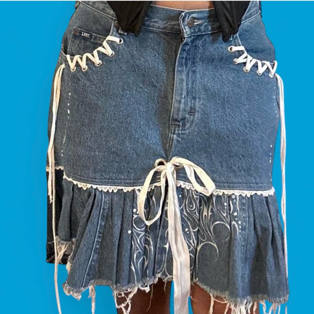 Lee Blue Denim Skirt with White Lace Accents